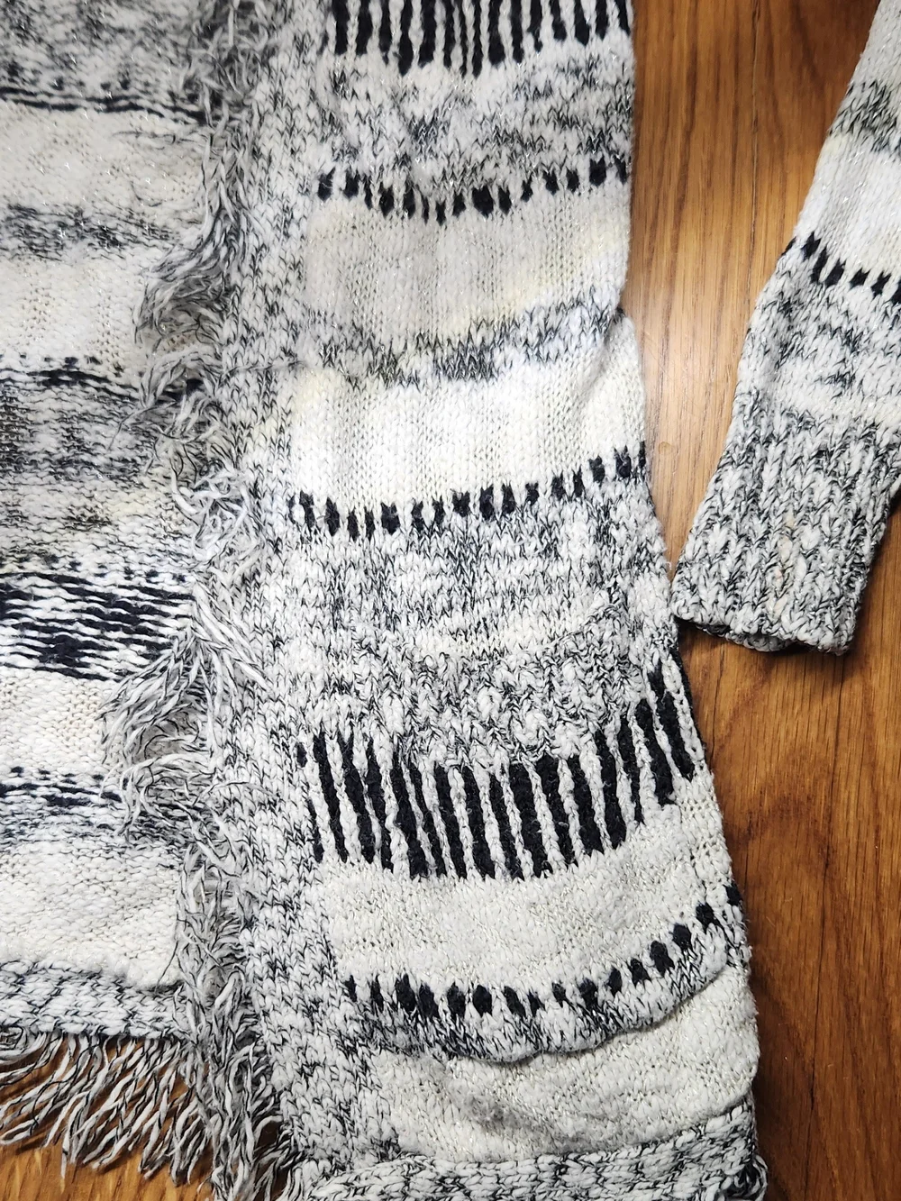 Justice Black & White Striped Fringed Open-Front Cardigan w Pockets - Girls 6